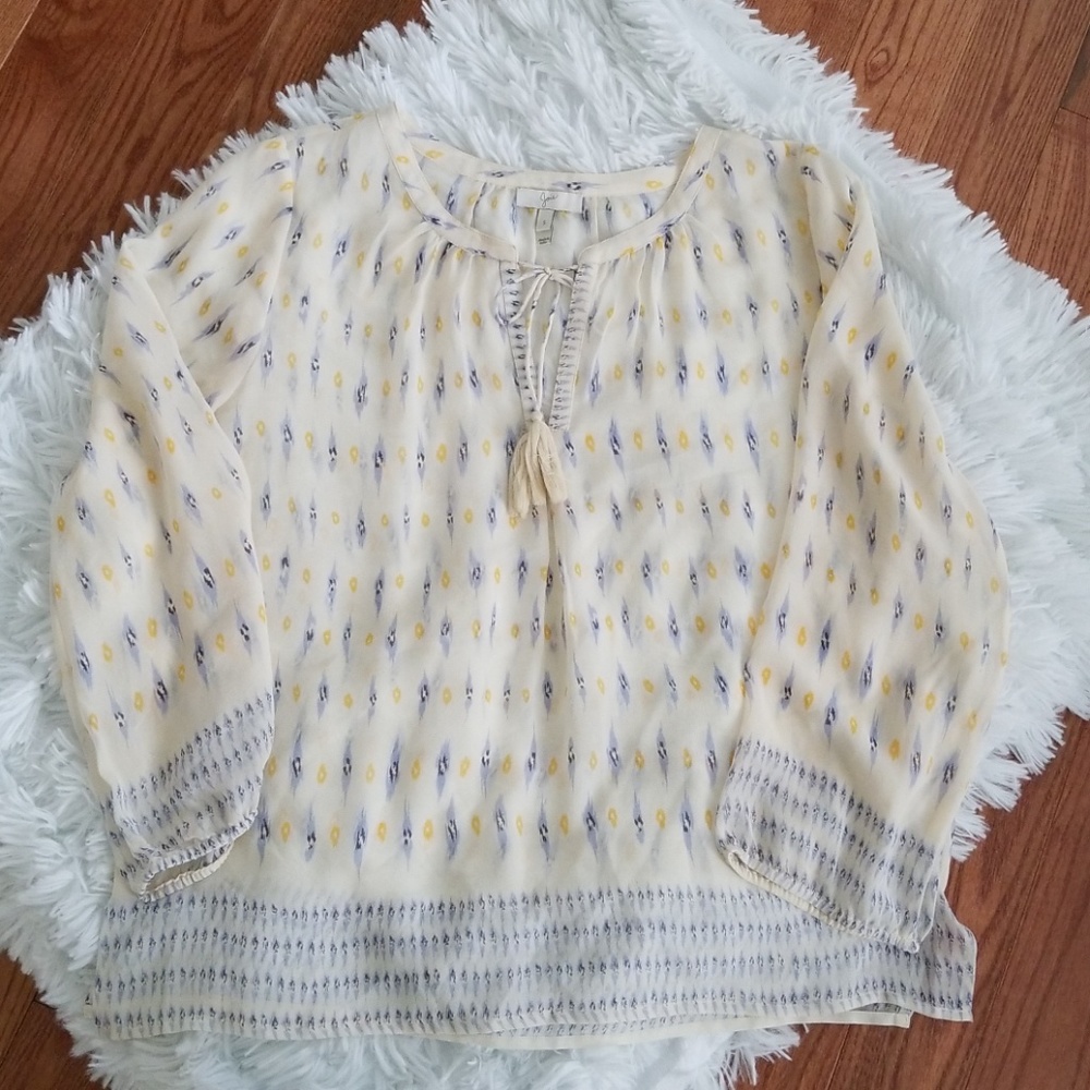 Joie Porcelain Sheer Silk Ikat Tassel Blouse